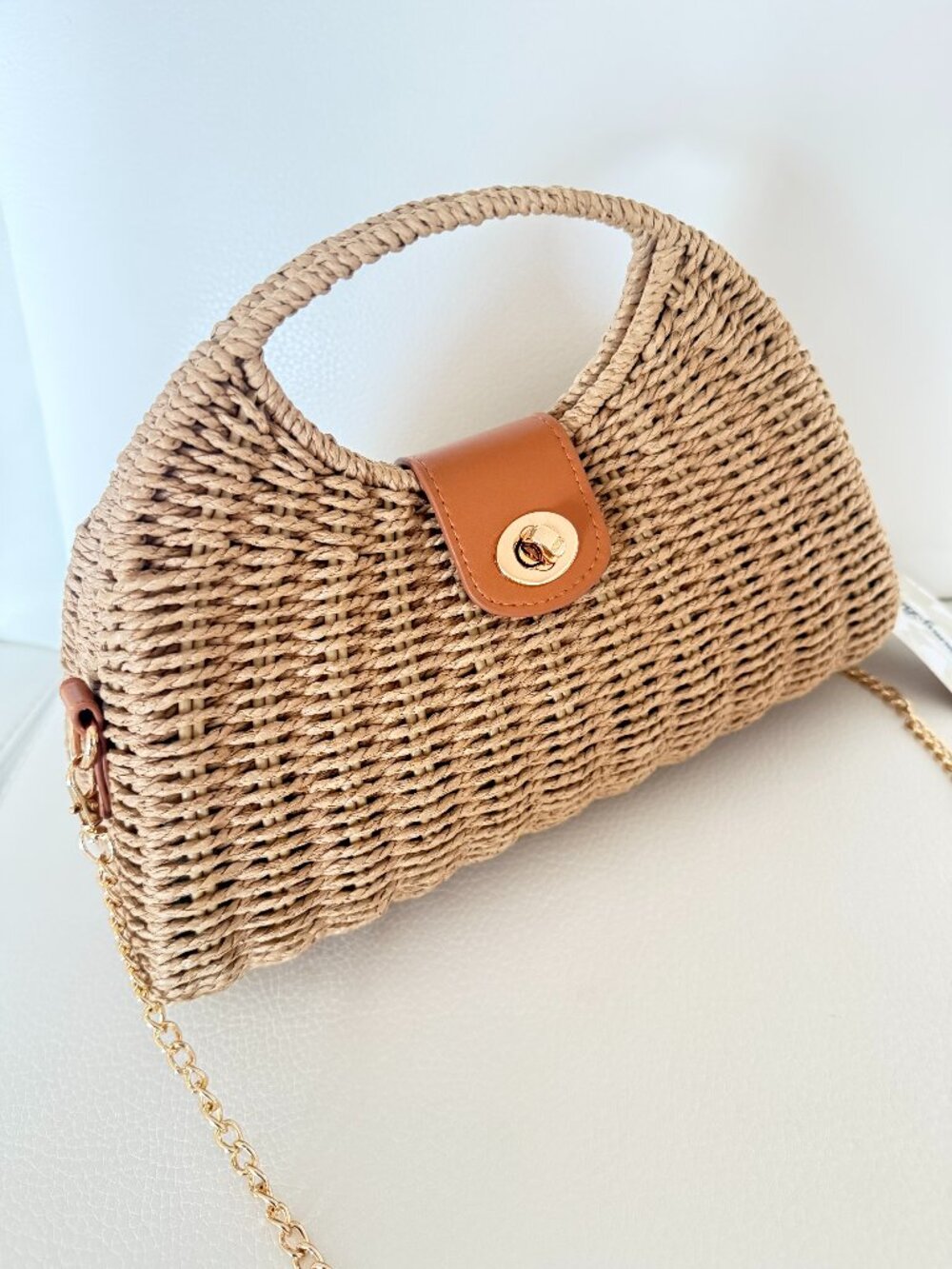 NWT Tommy Bahama Straw Woven Satchel Crossbody Bag Gold Chain Resort Beach